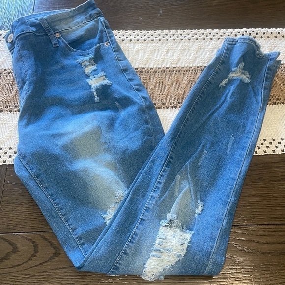 💕 Ripped Holes Y2k Streetwear Skinny Frayed Hem High Waist Denim Jeans - Picture 6 of 14